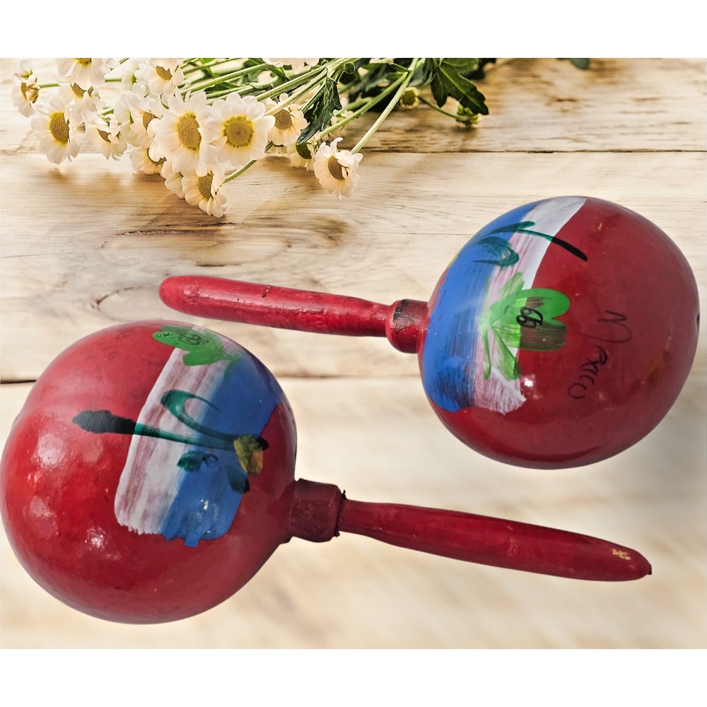 Set of 2 Large Vintage Mexican Carved and Painted Wooden Maracas 7.5" Long